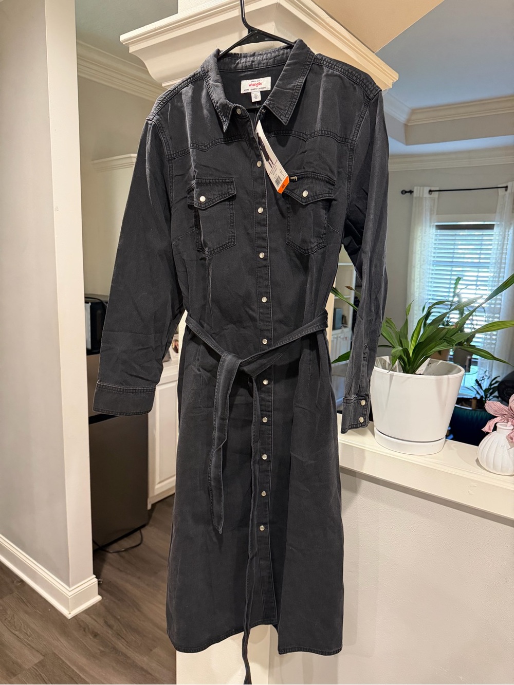 Wrangler Black Denim Long-Sleeve Snap- Up Shirt Dress with Tie Belt Sz XXL